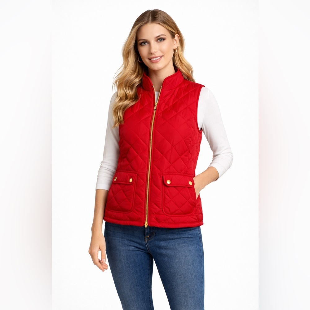 St. John’s Bay Red Quilted Puffer Vest Gold Zipper Pockets Size PS